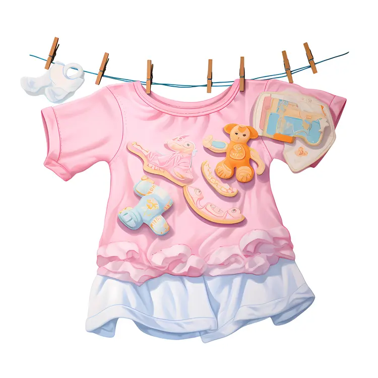 Pink Baby Shirt with Toys on Clothesline