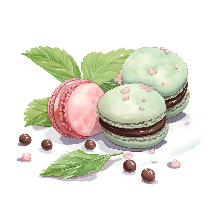 Green and Pink Macarons with Mint Leaves and Chocolate Balls