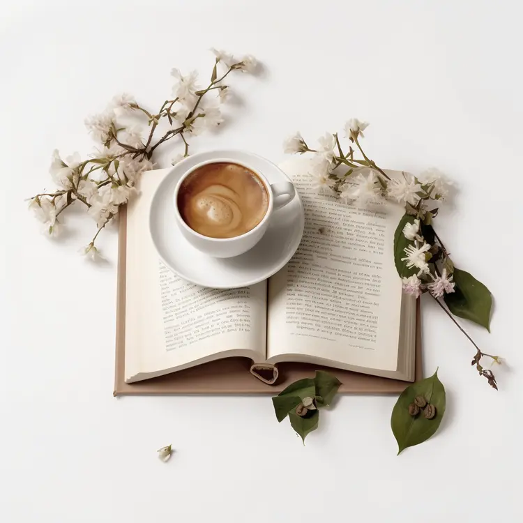 Coffee Cup on Open Book with Flowers