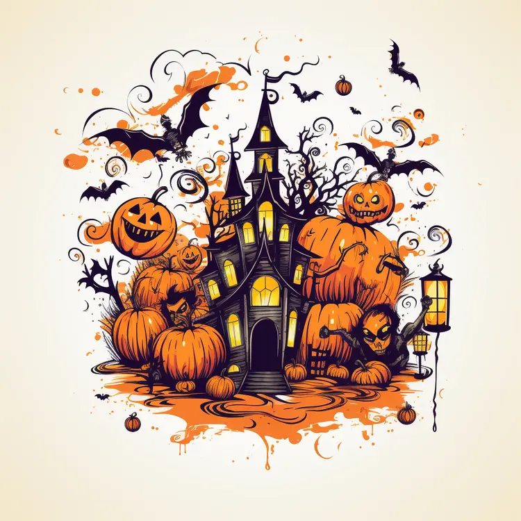 Spooky Haunted House with Pumpkins