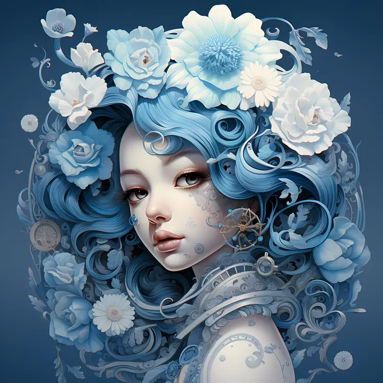 Fantasy Portrait with Blue Hair and Flowers