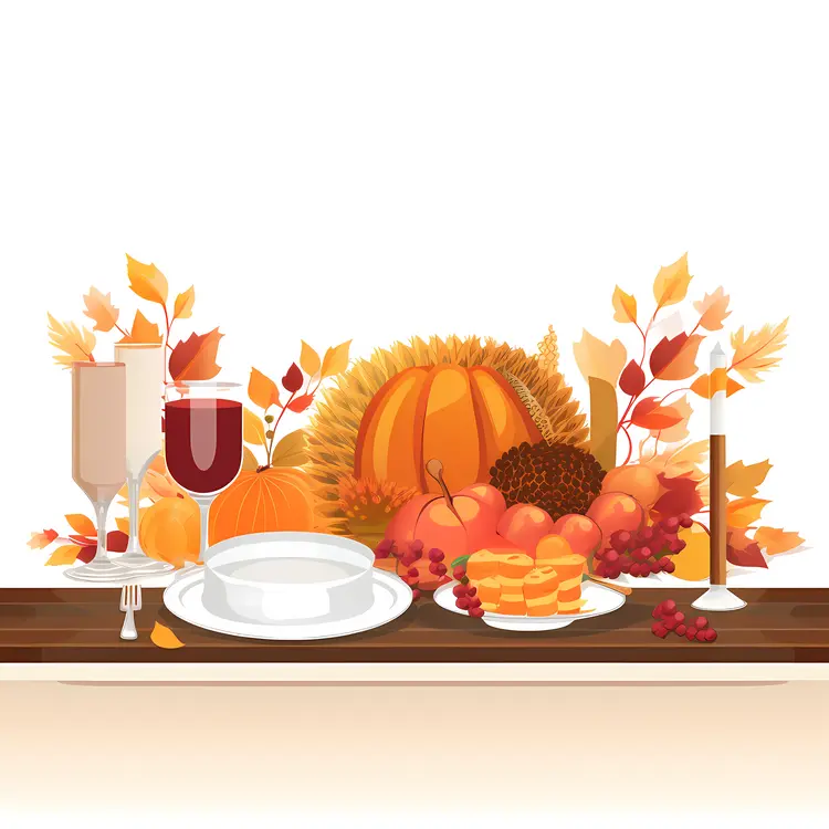 Pumpkin with Wine Glass and Autumn Leaves for Thanksgiving