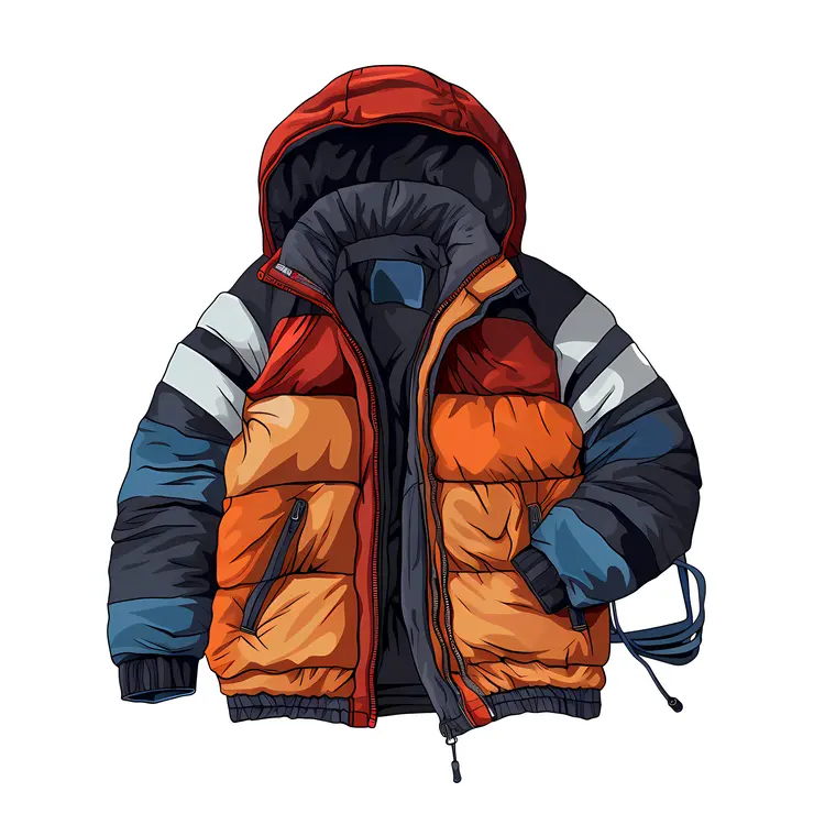 Orange and Blue Puffer Jacket with Hood