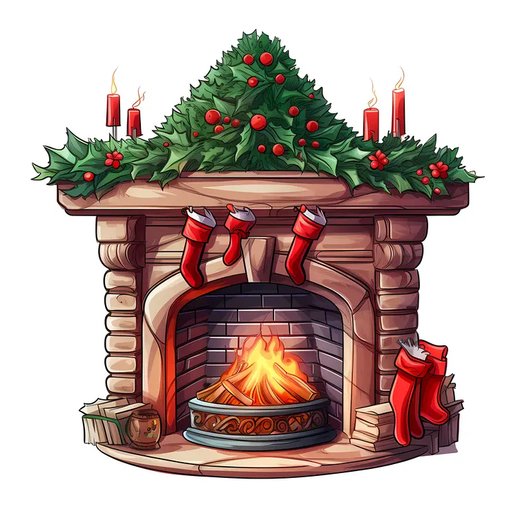 Festive Fireplace with Christmas Stockings and Candles