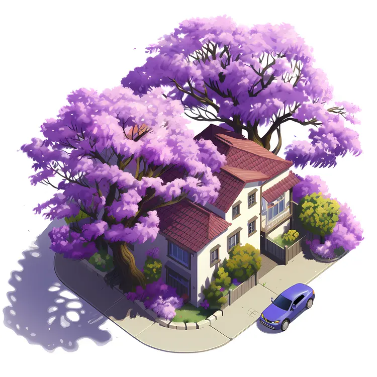 Purple Trees Around a Cozy House