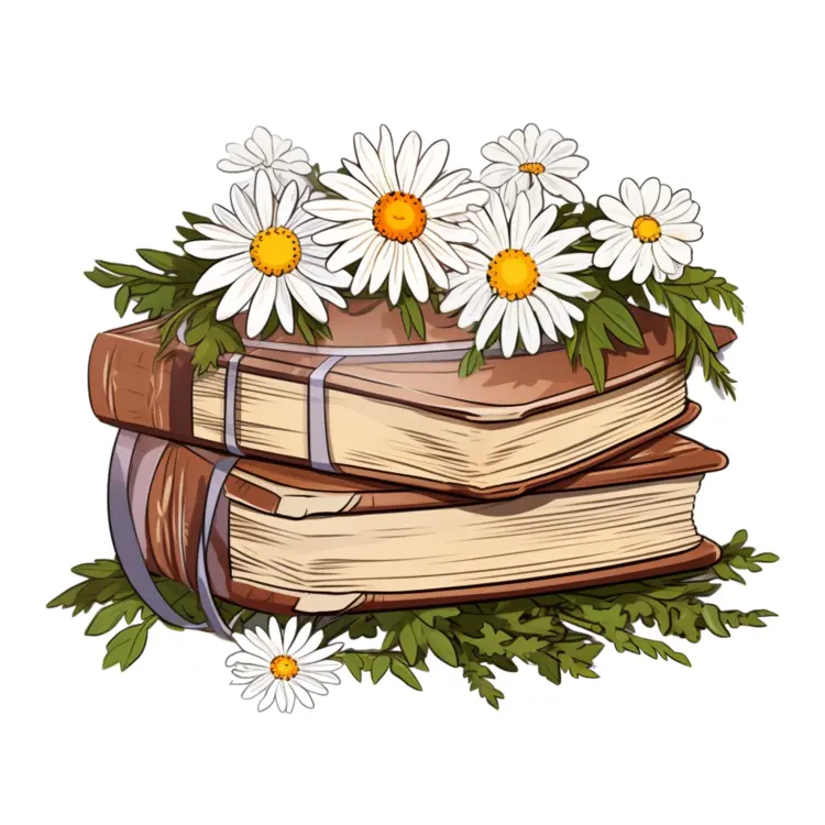 Vintage Books with Daisies Illustration
