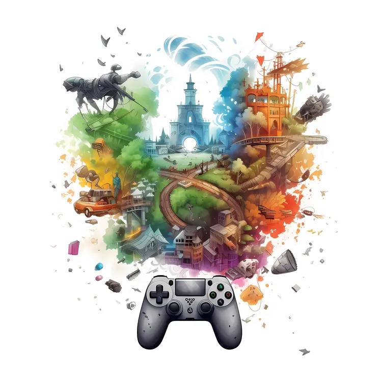 Game Controller with Vibrant Gaming World Illustration