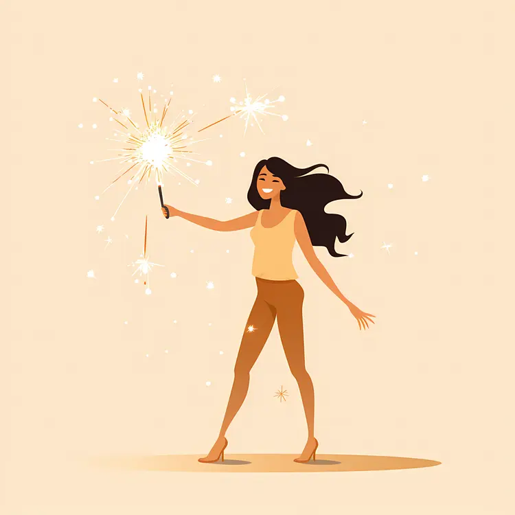 Cartoon Woman Enjoying Sparkler