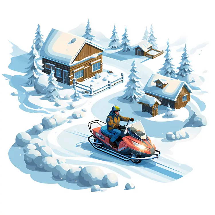 Snowmobile Rider Near Cozy Cabin