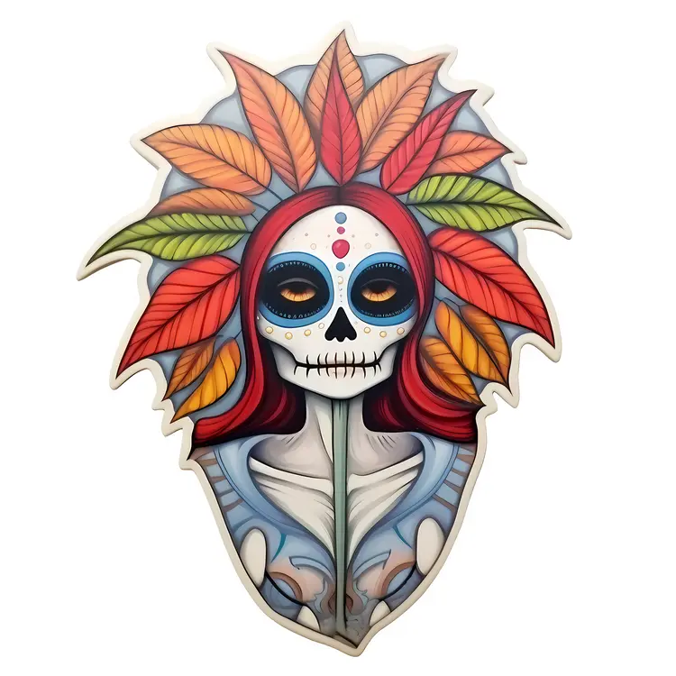 Colorful Sugar Skull with Leaf Headdress for Day of the Dead Celebration