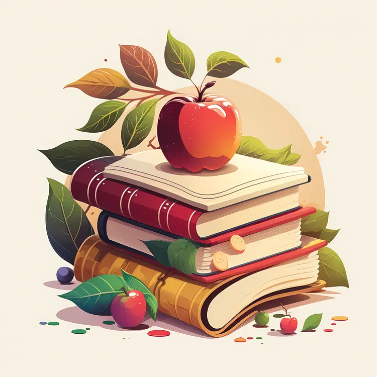 Apple on Stack of Books with Leaves