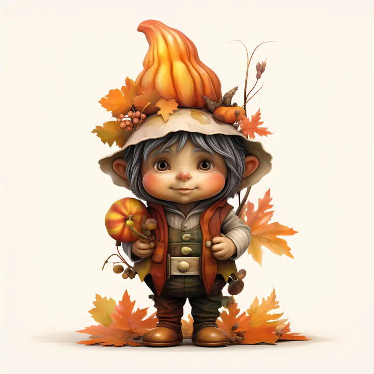 Elf with Pumpkin Hat and Autumn Leaves