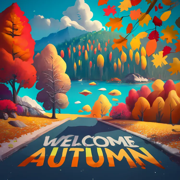 Welcome Autumn Sign with Scenic Lake View