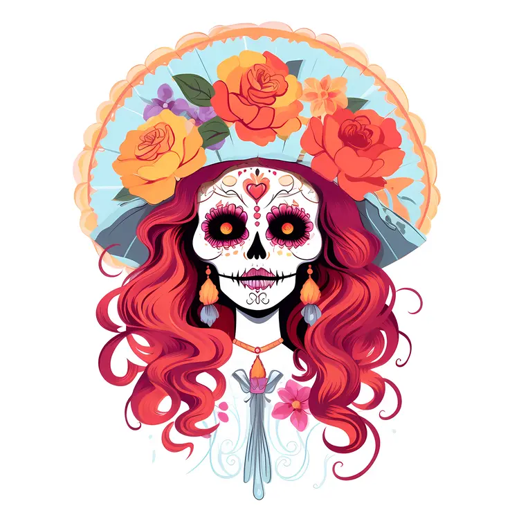 Colorful Sugar Skull with Floral Hat for Day of the Dead Celebration