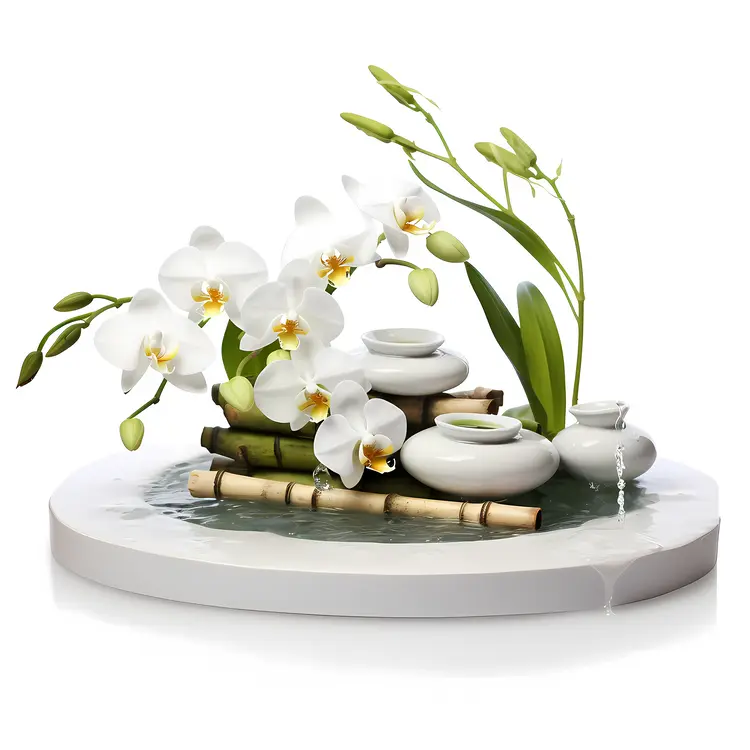 White Orchids and Bamboo in Zen Garden