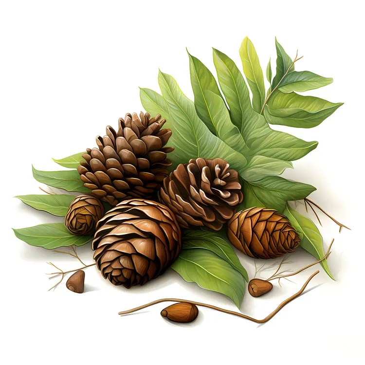 Pine Cones and Green Leaves Illustration