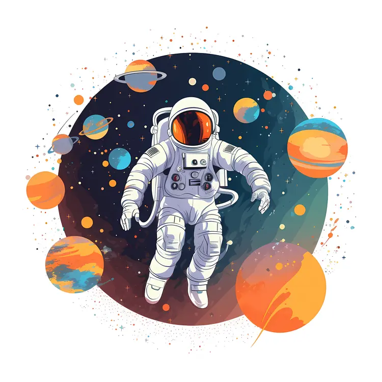 Astronaut Floating in Space with Planets