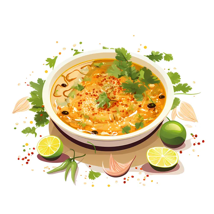 Delicious Spicy Soup with Fresh Herbs and Lime