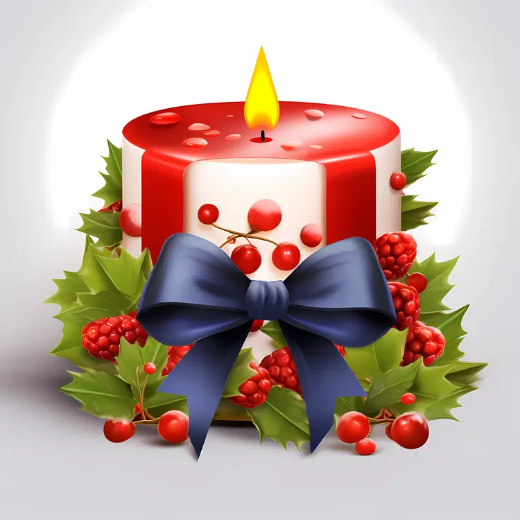 Red and White Candle with Blue Bow and Holly