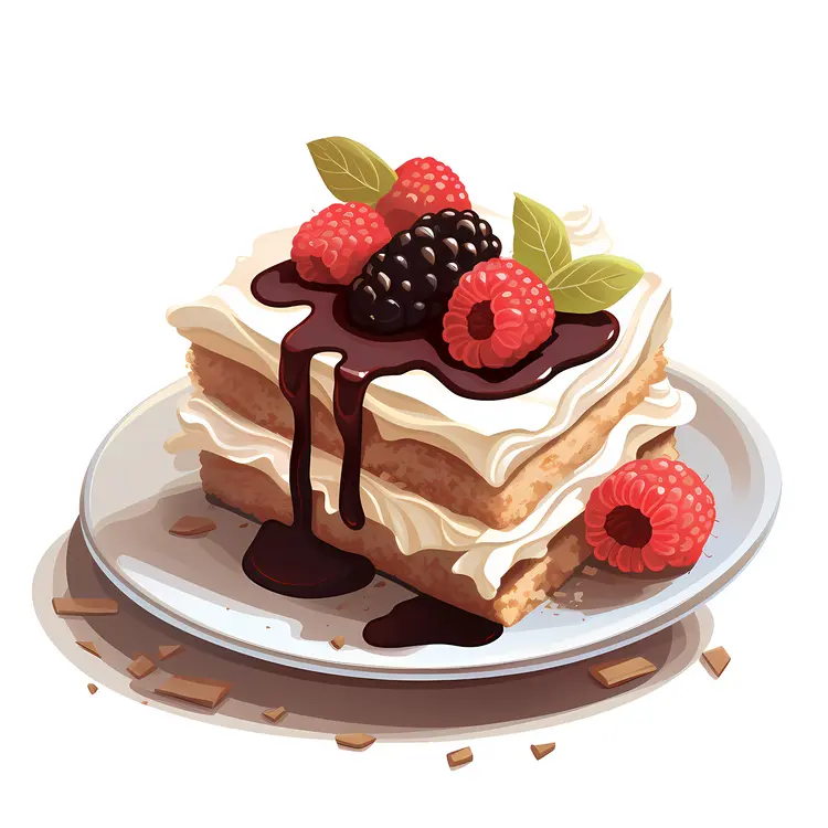 Layered Dessert with Berries and Chocolate Sauce