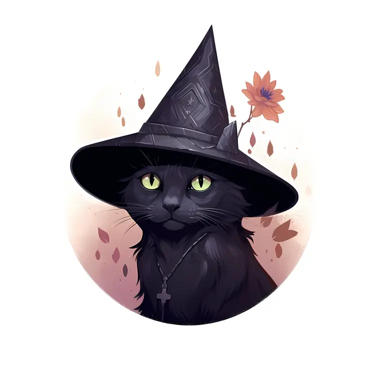 Black Cat with Witch Hat in Halloween Setting