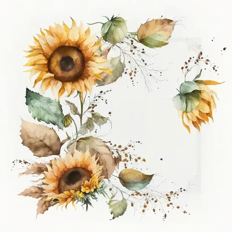 Watercolor Sunflower Illustration with Leaves and Petals