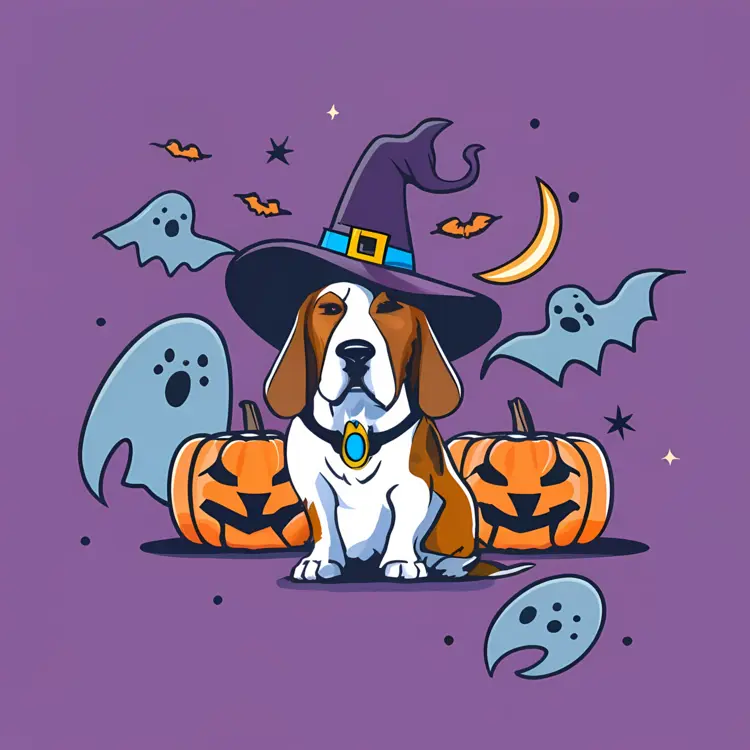 Dog in Halloween Costume with Pumpkins