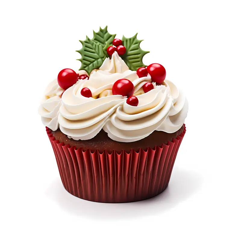 Festive Christmas Cupcake with Holly and Berries