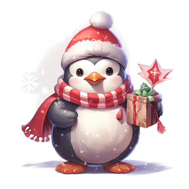 Penguin with Gift and Santa Hat