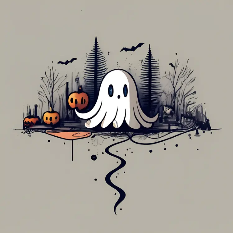 Cute Ghost with Pumpkins in Spooky Forest for Halloween