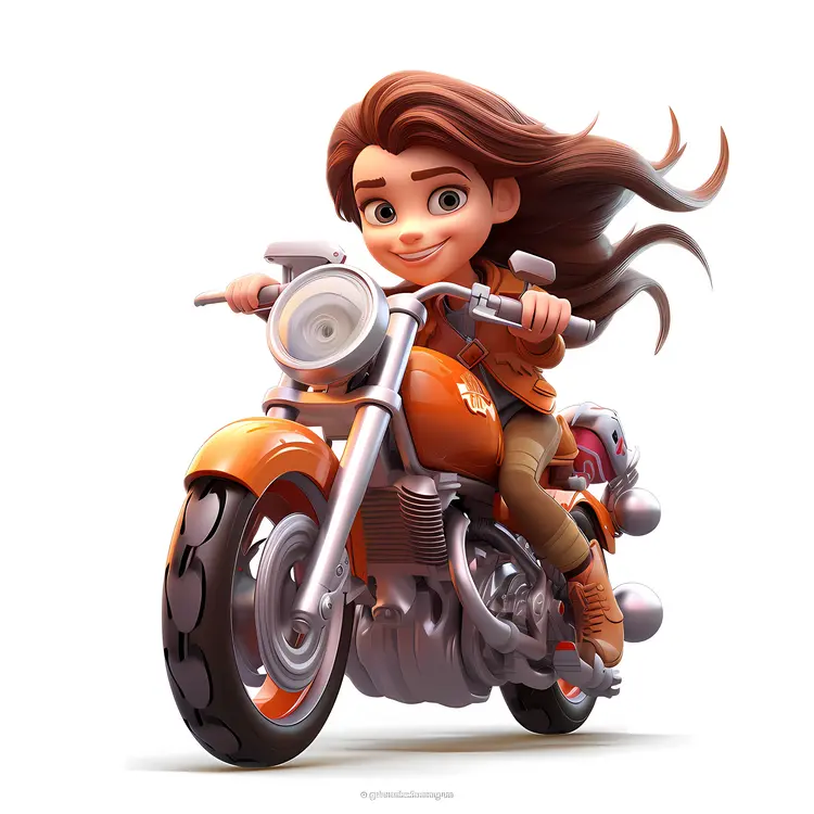 Girl Riding Orange Motorcycle with Long Hair Blowing in the Wind