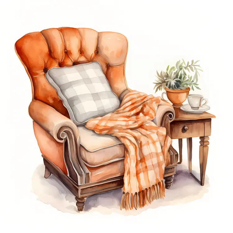 Cozy Orange Armchair with Pillow and Blanket