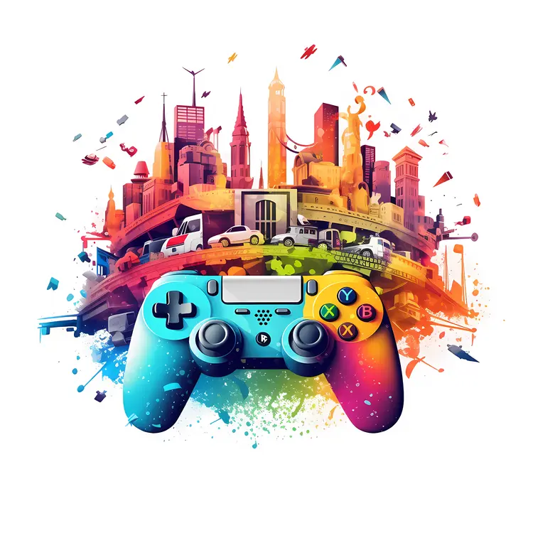 Colorful Game Controller with Urban Cityscape Background