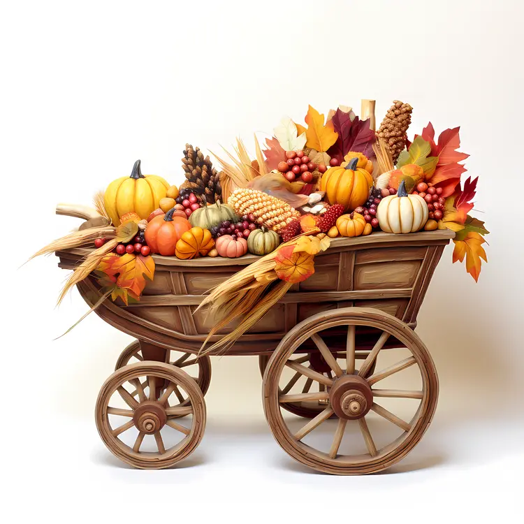 Wooden Cart with Pumpkins and Corn for Thanksgiving