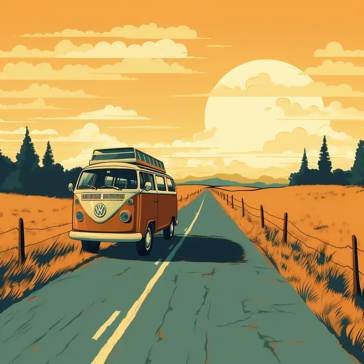 Orange Van on a Countryside Road at Sunset