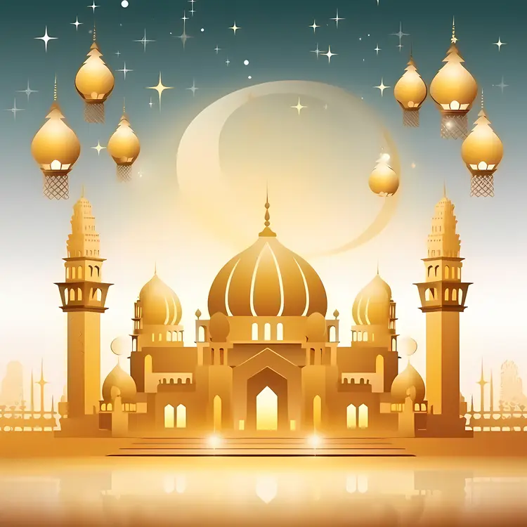 Golden Mosque with Lanterns and Moon