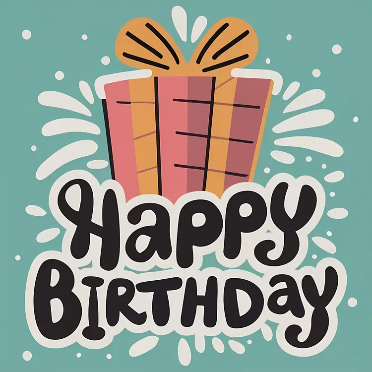 Illustrated Gift Box with Happy Birthday Text