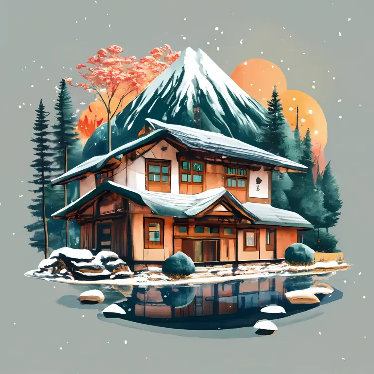 Small cute doodle house in snowy mountain landscape