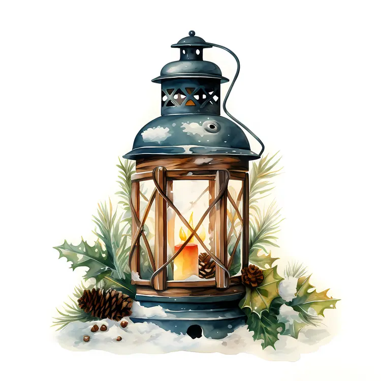 Blue Lantern with Candle and Pinecones for Christmas