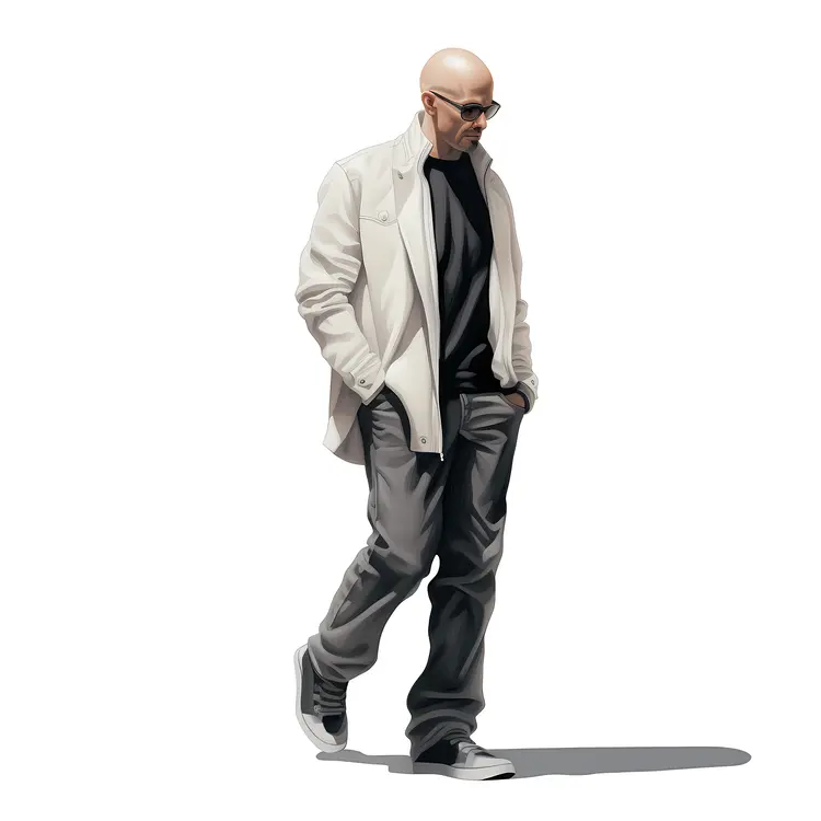 Casual Bald Man Walking in Sunglasses