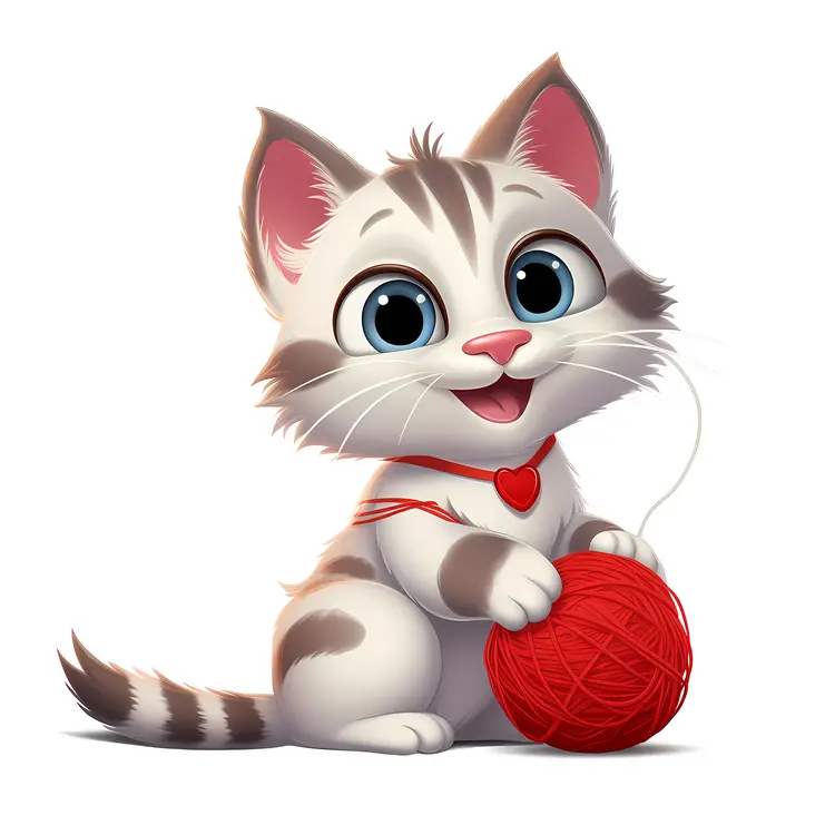 Cute Kitten Playing with Red Yarn Ball