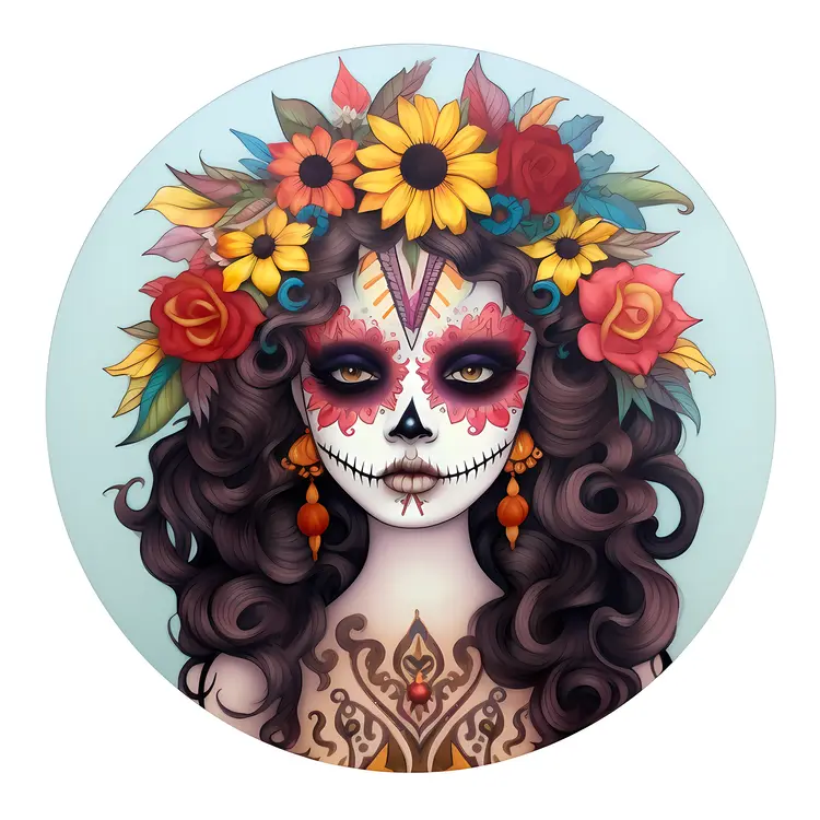Beautiful Sugar Skull with Floral Crown for Day of the Dead Celebration