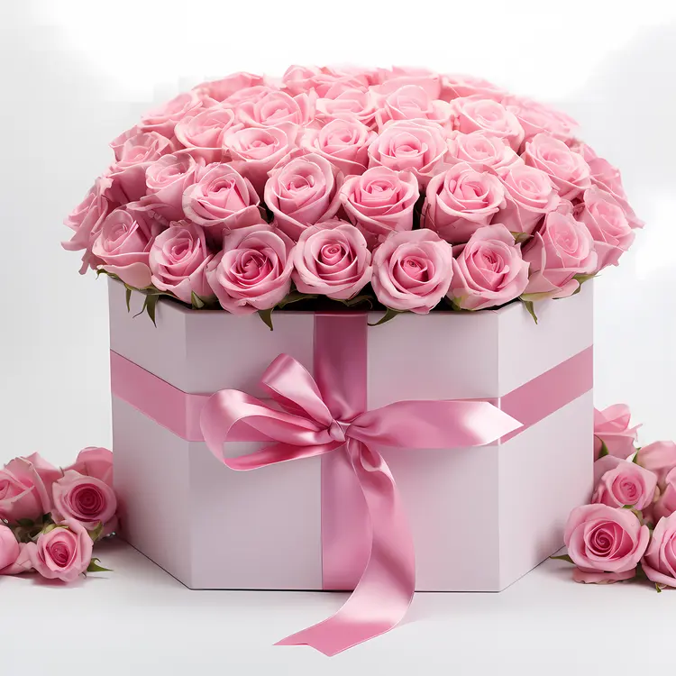 Pink Roses in a Gift Box with Ribbon
