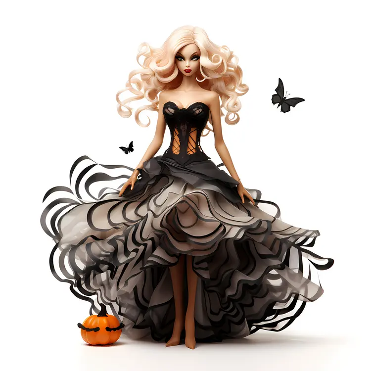 Blonde Halloween Doll with Flowing Black Dress