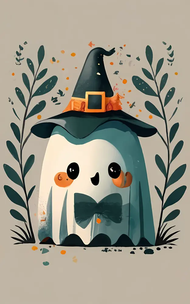 Cute ghost with witch hat and bow tie