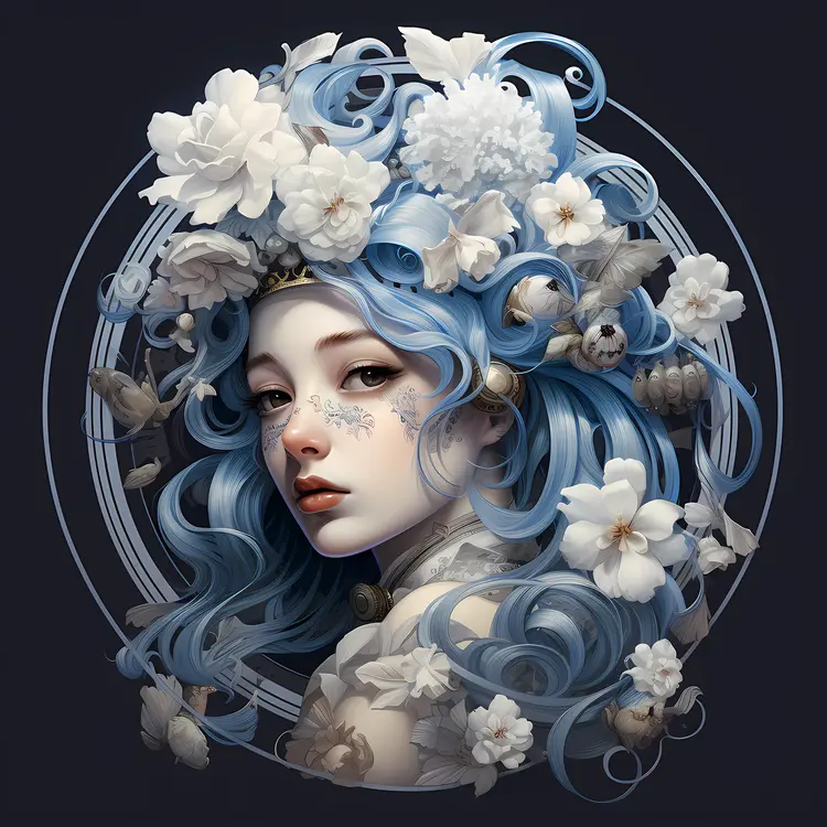 Fantasy Portrait with Blue Hair and Flowers