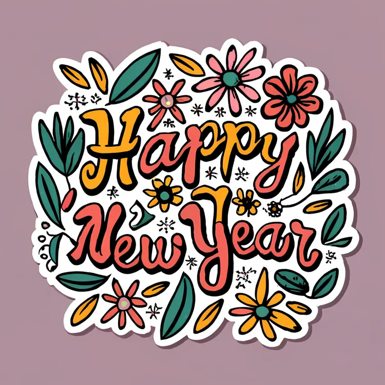 Happy New Year Card with Colorful Flowers