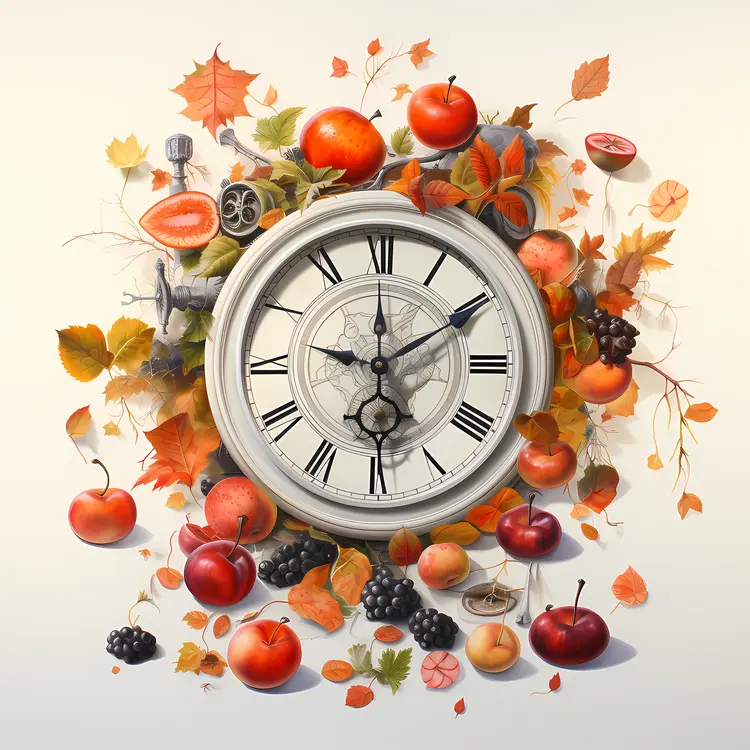 Clock Surrounded by Autumn Fruits and Leaves