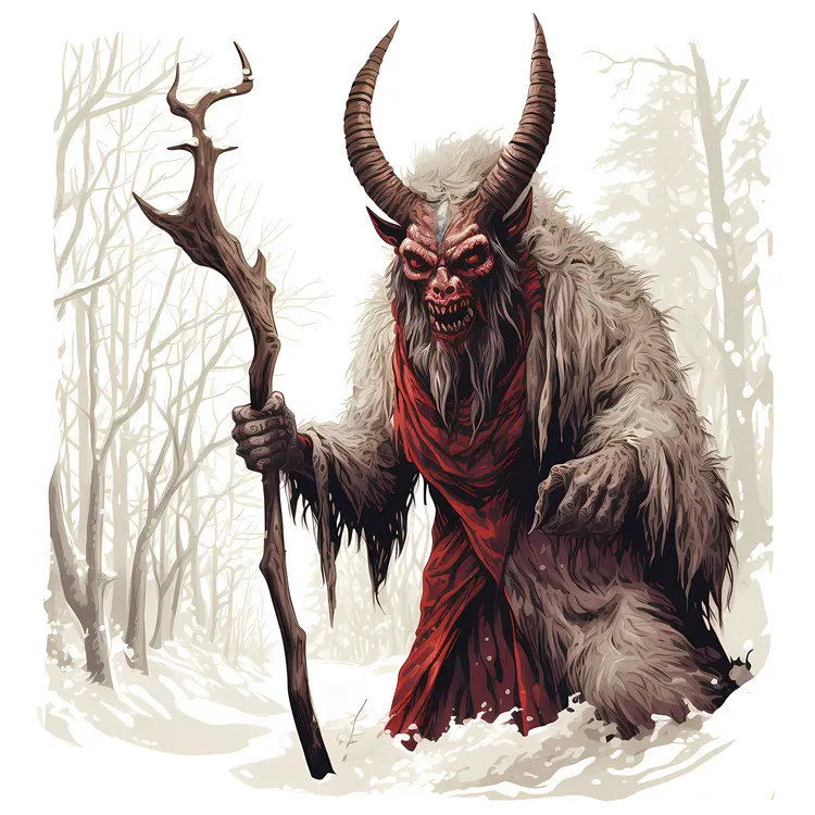 Horned Creature in Fur Coat in Snowy Forest