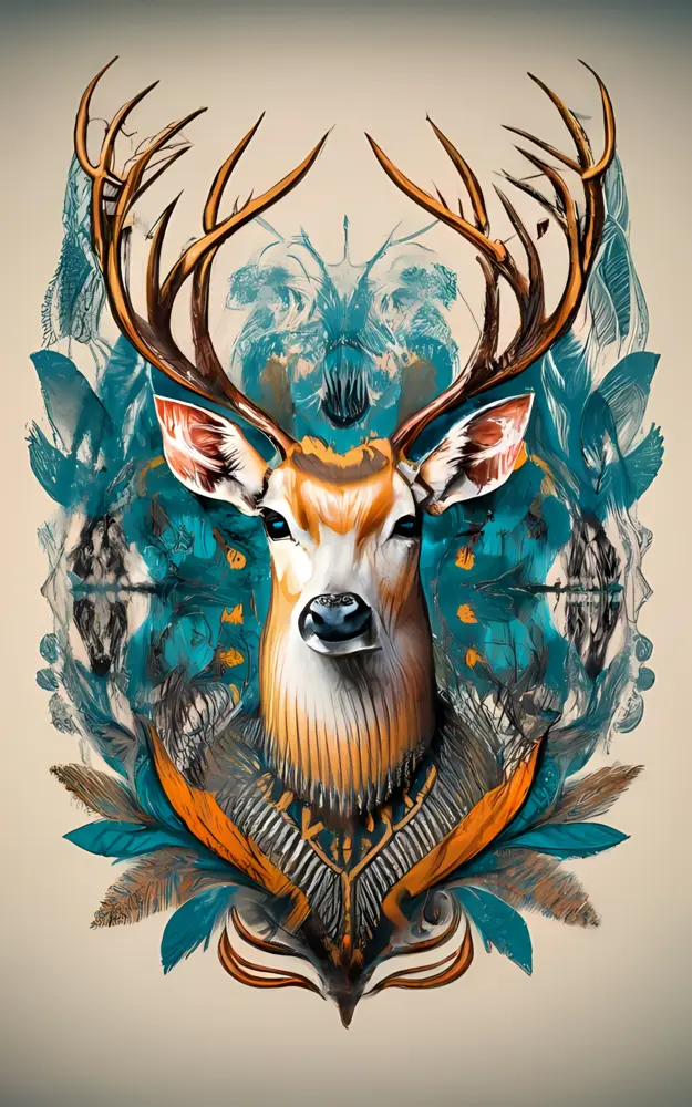 Colorful Artistic Deer with Antlers and Feathers
